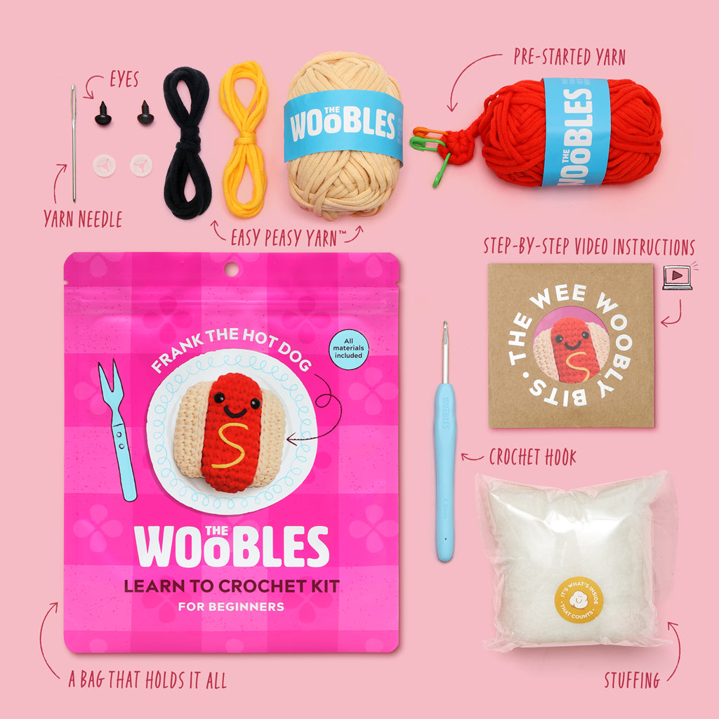 Frank the Hot Dog Crochet Kit - Woobles Kit Big Smile